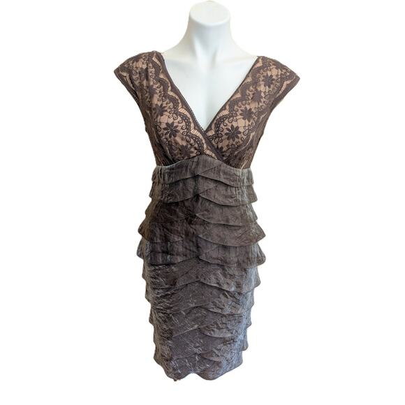 Adrianna Papell Brown Lace & Ruffle Tiered Sheath Cocktail Dress Size 6 - Picture 1 of 8